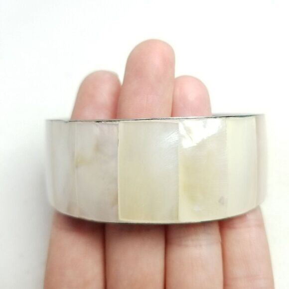 Vintage Cream Panel Inlaid Wide Bangle Bracelet, Silver Tone Setting, Estate - Picture 1 of 6